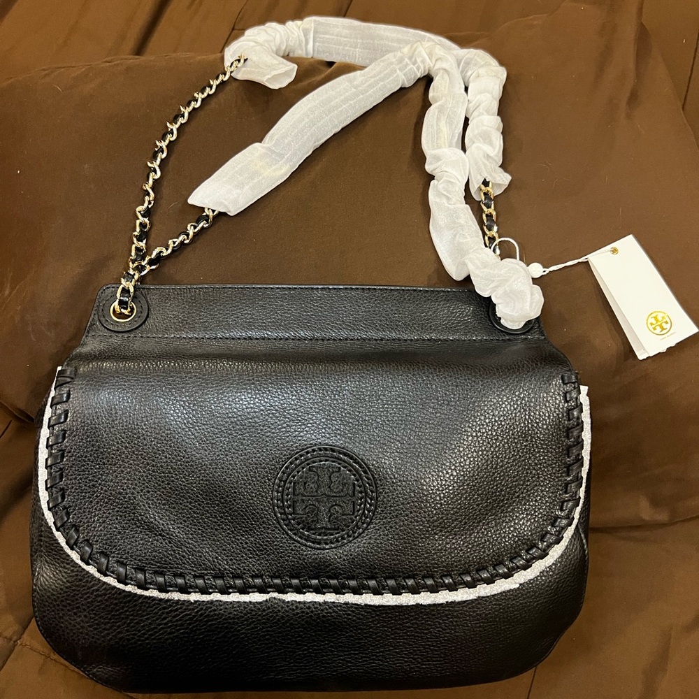 Tory Burch Marion Saddle Bag/Shoulder Bag- Black with gold hardware- Brand new